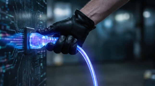 Cybersecurity concept unsubscribe service digital hand plug glowing cable neon technology cyber glove connects network port wall
