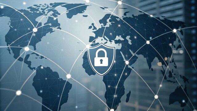 A digital world map overlaid with a network of connected nodes and a central shield icon symbolizing global cybersecurity and data protection.