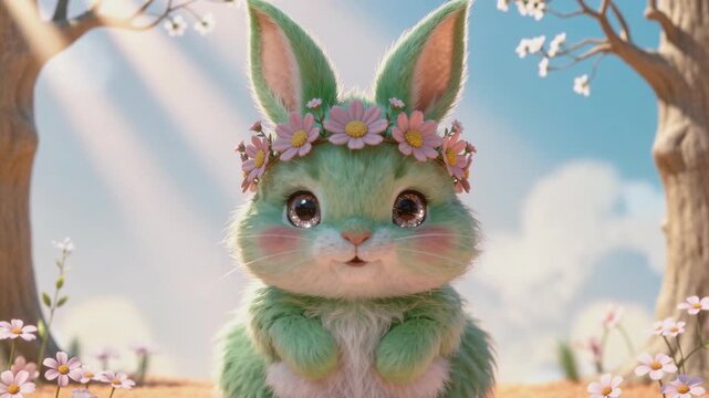 Cute green bunny with flower crown in soft pastel garden setting adorable spring animal