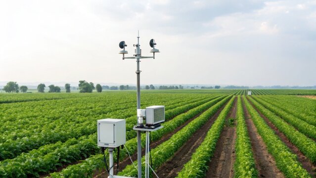A weather station with sensors is installed in the middle of a large, green agricultural field under a partly cloudy sky.