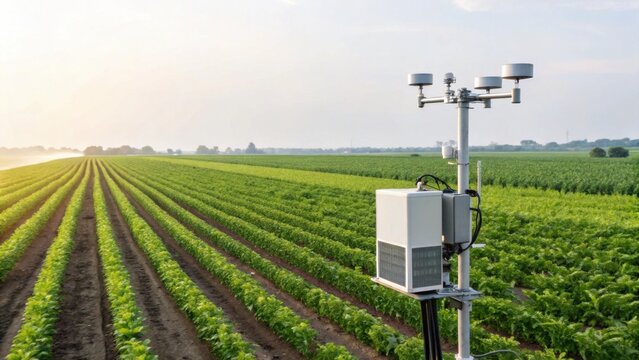 Weather monitoring equipment in a lush, green agricultural field under a clear sky, tracking environmental conditions for crop management.