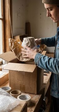 Person packaging items in cardboard box indoors
