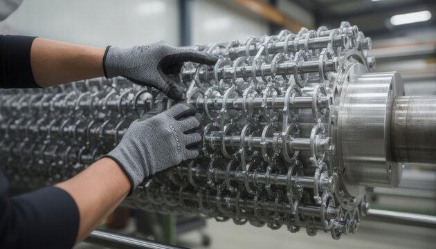 Industrial medium shot capturing dense spacing of baffles being installed on a tube bundle core highlighting closeup manual assembly in a manufacturing setting.