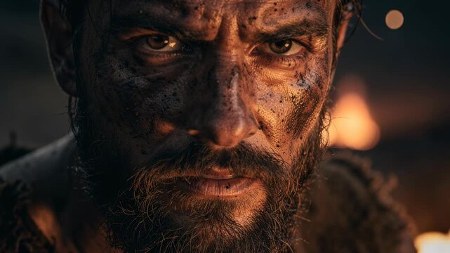 Close up intense rugged man with dirt and firelight dramatic face portrait