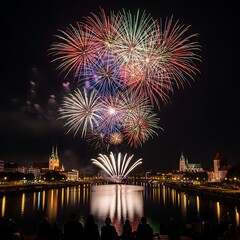 Fototapeta premium Fireworks Display Over Cityscape Reflecting in River at Night.
