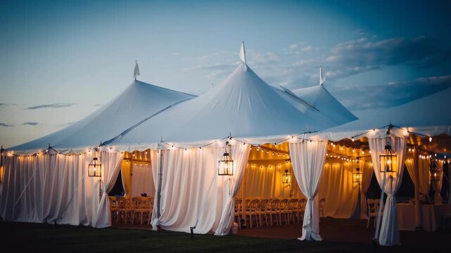 Beautifully lit event tent at dusk with soft white drapes and warm string lights creating cozy ambiance