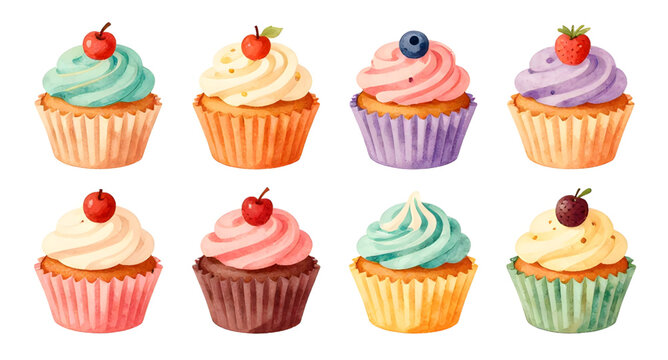 cupcake collection, colorful cupcakes, dessert clipart, bakery sweets, frosting cupcakes, decorated cupcakes, sugar dessert, pastry set, sweet treats, cupcake illustration, food vector, party cupcakes