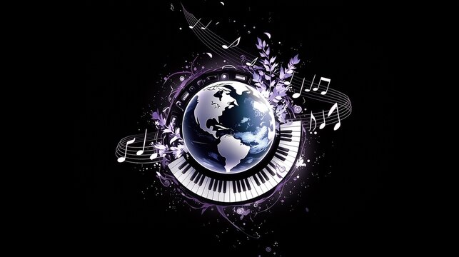Glowing earth globe with piano keys and floating music notes, dark neon purple foliage design for music posters, Global music concept background event backdrops and album covers