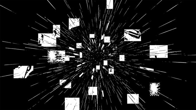 Abstract black background with white squares and lines radiating outward in a dynamic explosion of shapes and motion texture design isolated on transparent background