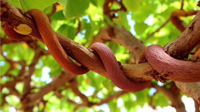 Intricate winding of vibrant red plant tendrils entwined around a tree branch in a lush green setting