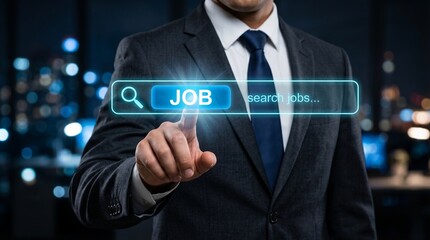 Obraz premium Business man in suit pointing at job search bar interface at night. Recruitment, hiring, career opportunity and human resources concept. Professional worker looking for new work vacancy.