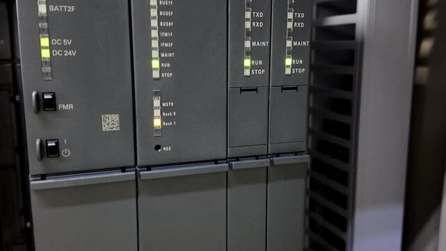 Industrial PLC Control System Modules with Flashing Status LED Lights in Server Rack