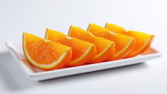 Brightly Colored Orange Slices Arranged Neatly on a White Rectangular Plate