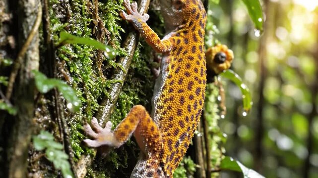 Golden gecko on mossy bark in tropical rainforest, leopard reptile climbing wet tree trunk in lush forest, spotted lizard wildlife close view on green moss habitat
