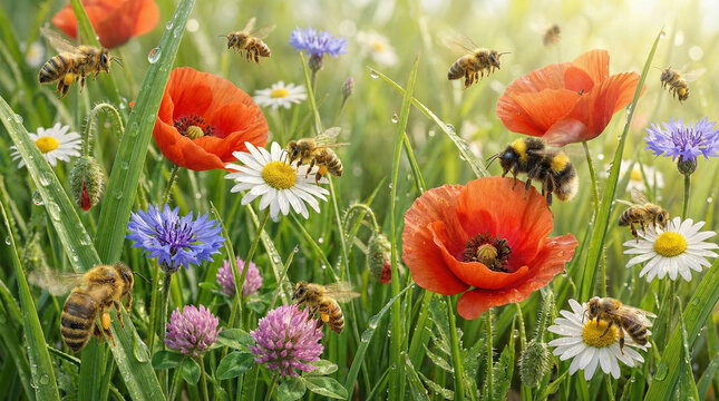 api che si spostano su vari fiori colorati in un campo d'erba in primavera
