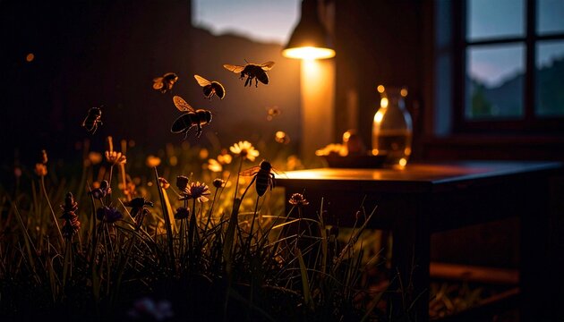 insetti che volano tra l'erba e i fiori in un luogo abbandonato di fantasia oscuro, all'alba o al tramonto, illuminato soltanto da una luce debole ed arancione