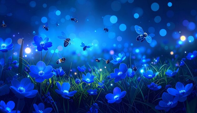 ambiente naturale di fantasia, di sera, con insetti che volano tra i fiori e l'erba bioluminescente, illustrazione 3D