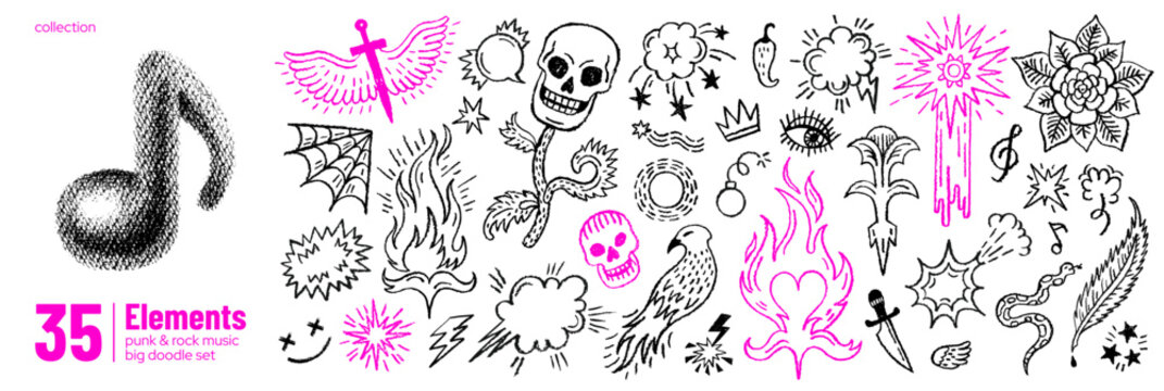 Rock punk music doodle with grunge heart fire flame skull star rose eye. Grafitti tattoo. Y2K hand drawn punk rock emo icon. Vector line and halftone sticker set for music design, tattoo, graffiti art