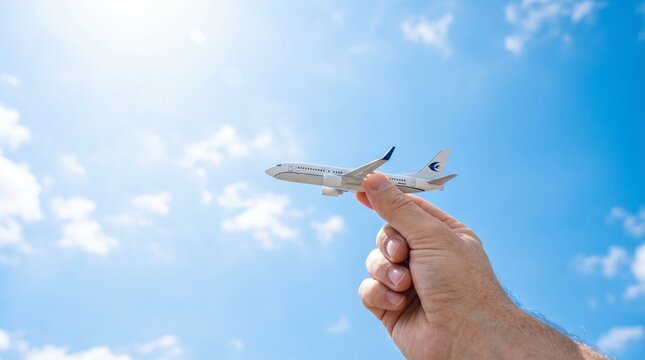 Toy airplane model held by hand against bright blue sky with sun. Air travel industry and international flight transportation concept. Vacation dream and aviation business symbol.