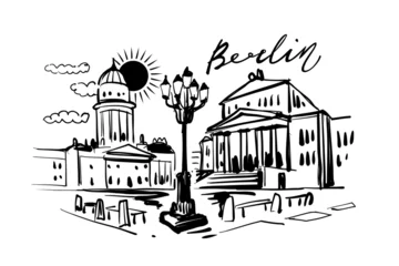 Berlin Gendarmenmarkt Sketch Featuring French Cathedral, Konzerthaus, a Classic Streetlamp, and Cheerful Sun With Clouds, Capturing the Daytime Scene of This Famous German Capital Plaza © bioraven