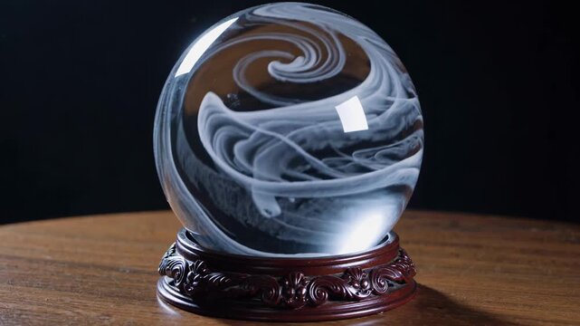 Mysterious Glass Crystal Sphere Featuring Smoke Patterns On Wooden Base. Closeup Of Polished Crystal Orb With Swirling Smoke Motifs On Wooden Platform For Interior Decoration