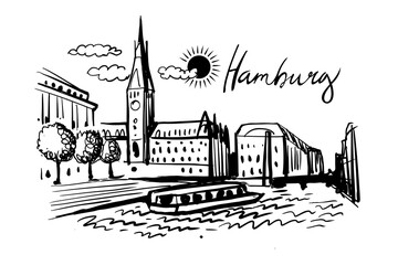 Hamburg Cityscape Sketch Featuring a Tall Clock Tower, Elegant Historic Buildings, and a Passenger Boat Navigating the Urban Waterway Under a Sunny Sky With Soft Clouds © bioraven