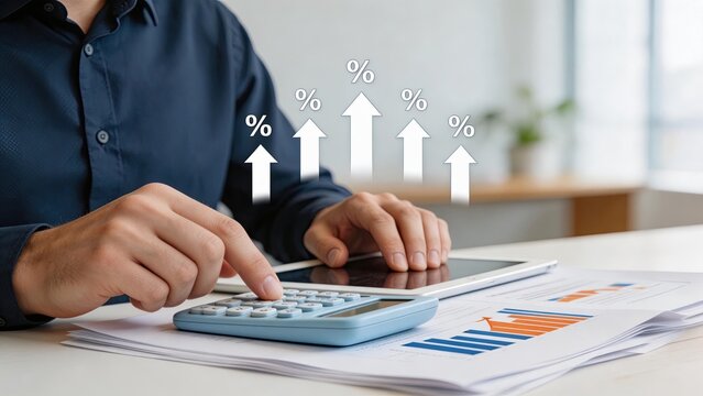 Businessman calculating financial growth with calculator and tablet upward percentage arrows symbolizing profit increase investment analysis documents on desk fiscal planning