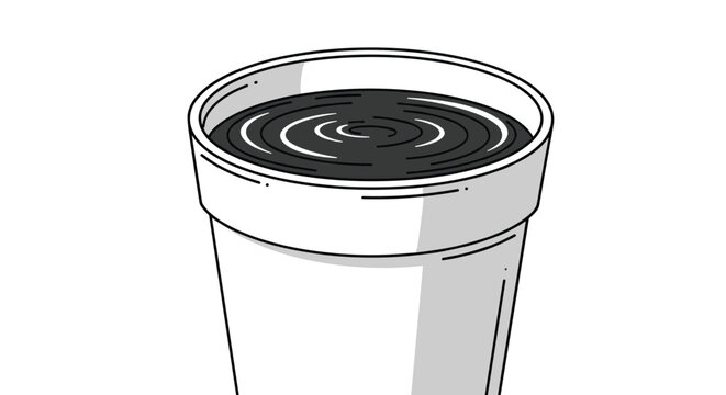 White disposable cup filled with a dark liquid that has circular ripples on its surface as if disturbed by a drop or vibration in still life.