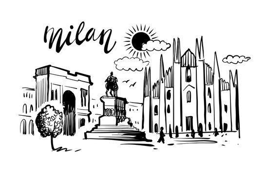 Milan Cityscape Sketch Illustrating the Iconic Duomo Cathedral, Victor Emmanuel II Statue, and an Archway in Piazza Del Duomo Under a Bright Sun With People Walking Below