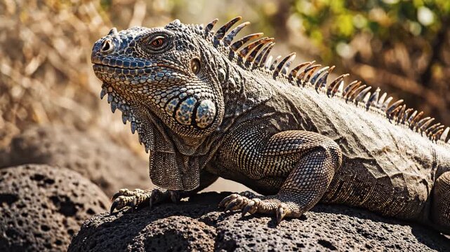 Iguana reptile on volcanic lava rock in dry habitat, close portrait with spiny crest, textured skin and scales, sunlit wildlife animal close up