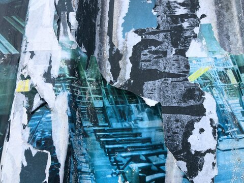 Torn peeling paper collage posters street art background layered ripped billboard advertisements, blue, white, green