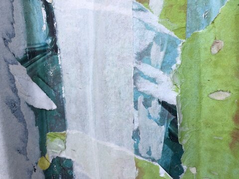 Torn peeling paper collage posters street art background layered ripped billboard advertisements, blue, white, green