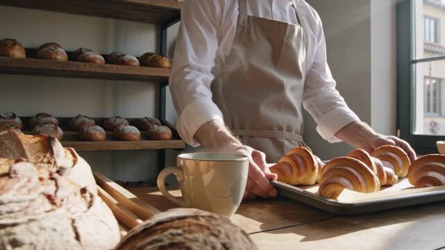 artisan bakery fresh bread pastries morning bakery counter warm light with loaves croissants and a baker arranging a tray to evoke comfort craftsmanship and handmade food culture daily