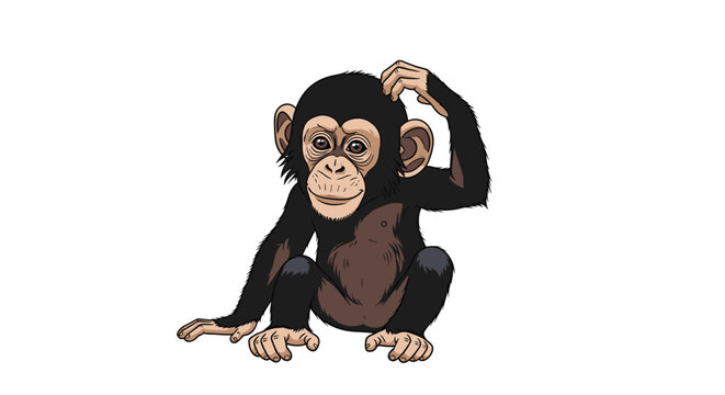 Detailed illustration of a young chimpanzee sitting down and scratching its head with a thoughtful or confused expression on its face on white.