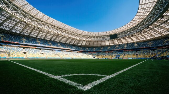 Wide angle view of empty soccer stadium with green turf and blue sky. Professional football arena for championship games and sporting events.