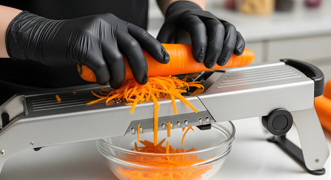 Person in black gloves grating carrot on mandoline slicer in kitchen. Generative AI