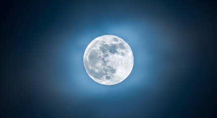 Fototapeta premium Glowing full moon in dark blue space with radiant light effect. Generative AI
