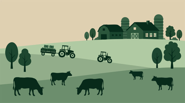 Minimalist green farm landscape illustration with cows, tractors, and barns