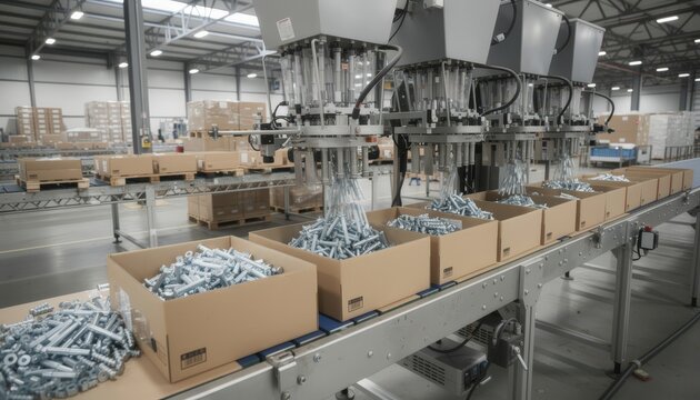 Industrial machine efficiently counting and filling bulk boxes with assorted fasteners showcasing largescale production workflow and mechanical accuracy.