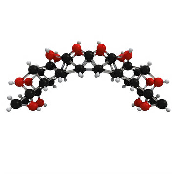 Molecular structure of a cyclodextrin sugar ring showing carbon oxygen and hydrogen atoms isolated on transparent background