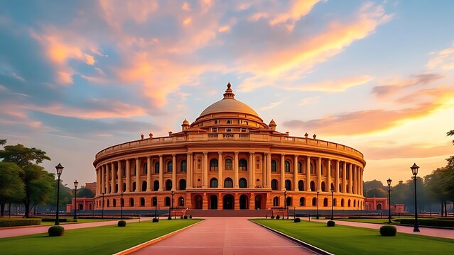 Wide Angle View of Indian Parliament House During Golden Hour with Dramatic Sky and Clouds