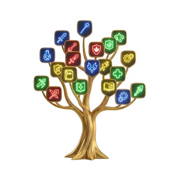 Stylized golden skill tree with colorful icons representing various gaming categories and abilities isolated on transparent background