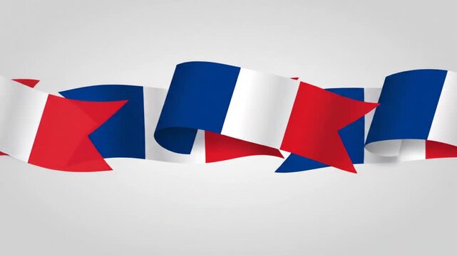 Elegant Bastille Day ribbon banner with French flag colors flowing gracefully on a clean white background