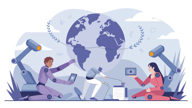 Two robots and a person working together to maintain a large globe, a flat-style android human earth