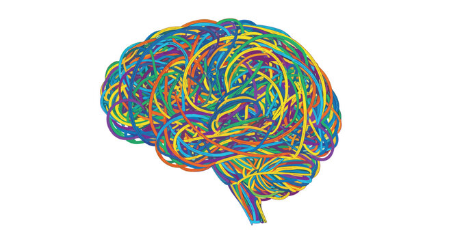 A complex human brain is illustrated as a dense and chaotic tangle of vibrant multicolored lines representing intricate thoughts and mental connections.