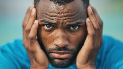 Fototapeta premium Disappointed athlete holding head, experiencing stress and failure on running after loss track competition