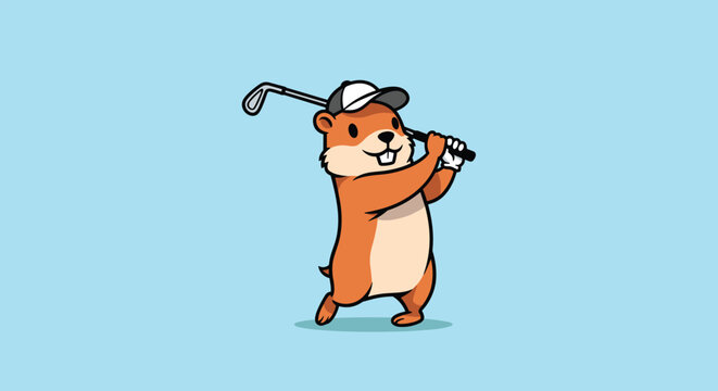 Energetic cartoon gopher wearing a baseball cap swings a golf club while standing on a bright blue background.