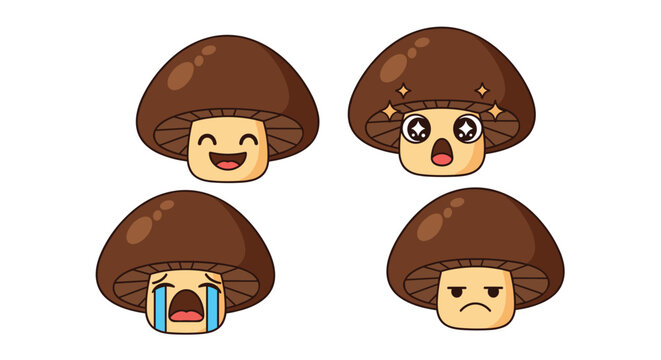 Set of four cartoon mushroom head emojis show different moods including happy, crying, and angry expressions.