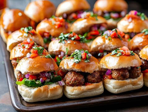 A colorful array of meatball sliders on a platter, perfect for a party or gathering, showcasing different toppings 