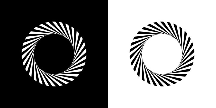 Black and white radial spiral resembling a camera shutter aperture with geometric symmetry forming a circular abstract design element